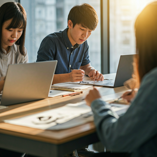 Modern classroom setting with students focusing on Japanese calligraphy and laptop screens