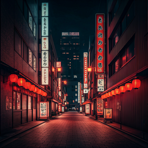 Night view of a street in Tokyo with vibrant neon signs and red lanterns