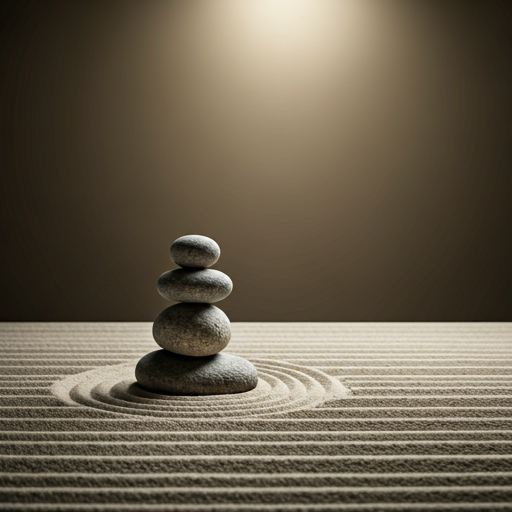 Calm Zen garden with carefully raked sand and minimalist stone arrangements under soft morning light